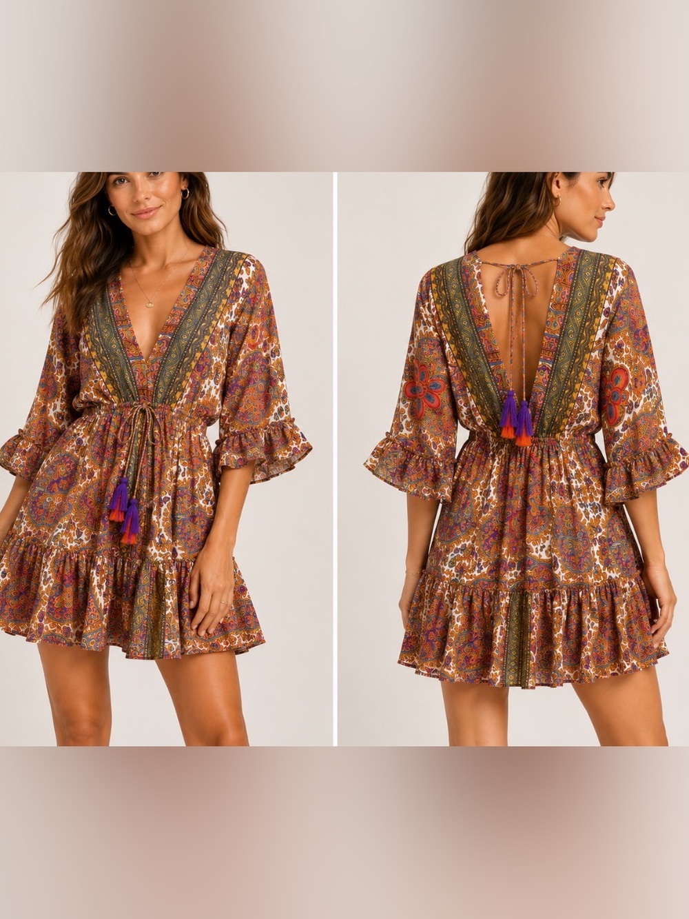 ANISA Spain Boho Paisley Floral Mini Dress Flutter Sleeve Tiered Ruffle